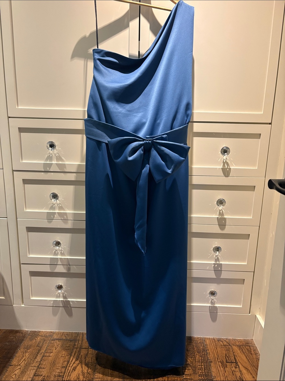 Elegant Custom made One-Shoulder Blue Evening Dress with Side Bow